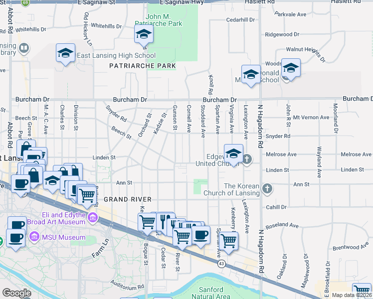 map of restaurants, bars, coffee shops, grocery stores, and more near 568 Cornell Avenue in East Lansing