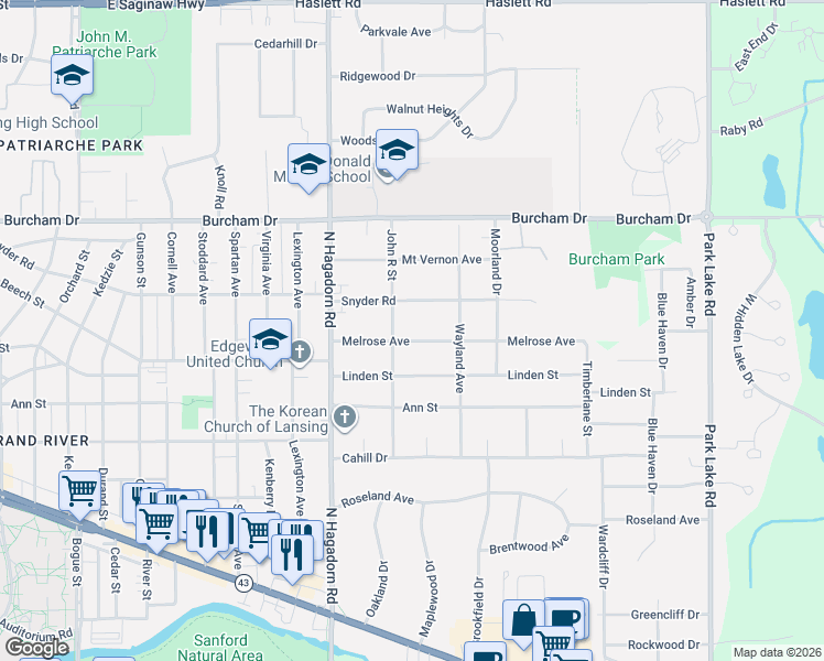 map of restaurants, bars, coffee shops, grocery stores, and more near 1622 Snyder Road in East Lansing