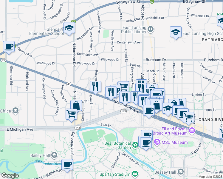 map of restaurants, bars, coffee shops, grocery stores, and more near 400 Hillside Court in East Lansing