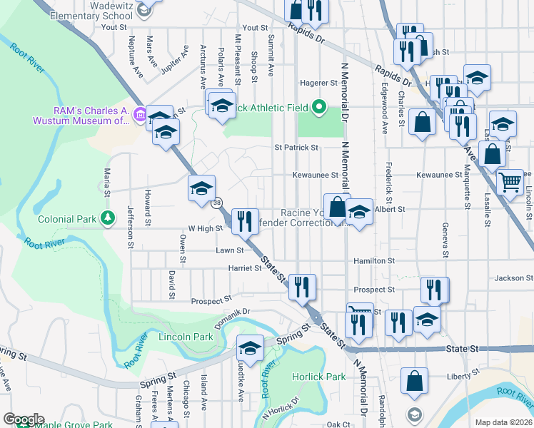 map of restaurants, bars, coffee shops, grocery stores, and more near 1914 Albert Street in Racine