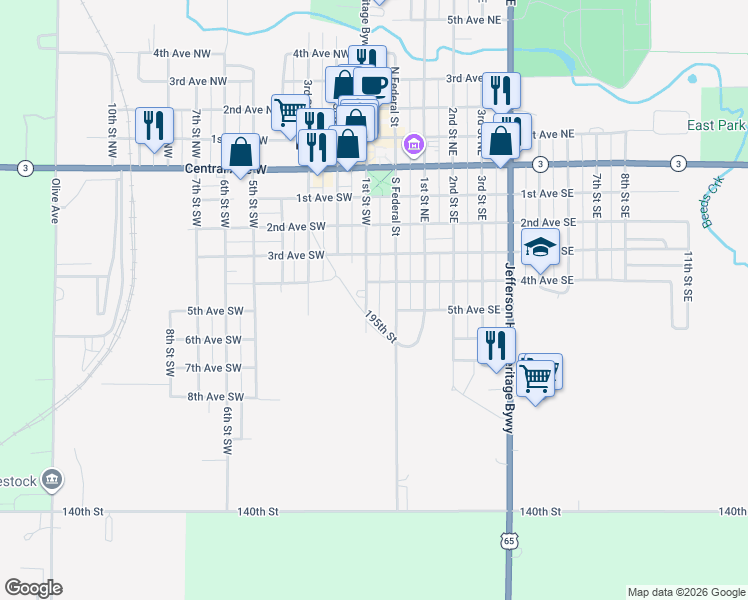 map of restaurants, bars, coffee shops, grocery stores, and more near 402 1st Street Southwest in Hampton