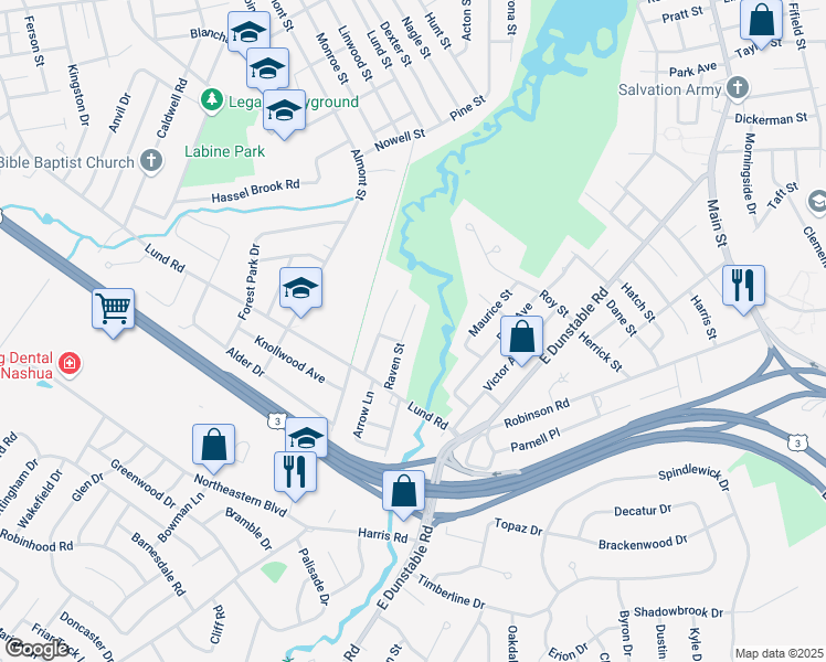 map of restaurants, bars, coffee shops, grocery stores, and more near 45 Raven Street in Nashua