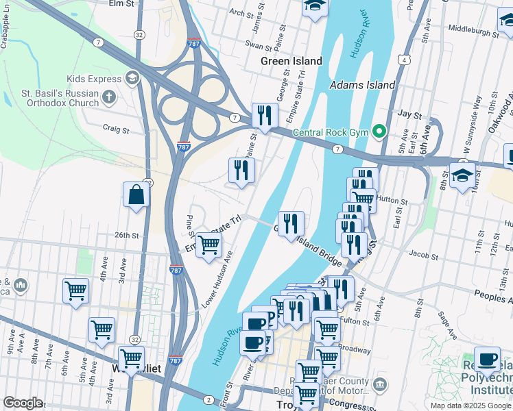map of restaurants, bars, coffee shops, grocery stores, and more near 4 George Street in Green Island
