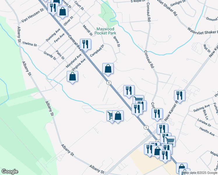 map of restaurants, bars, coffee shops, grocery stores, and more near 1929 New York 5 in Albany