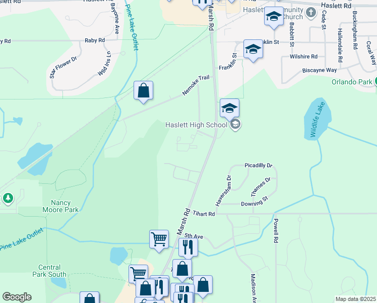 map of restaurants, bars, coffee shops, grocery stores, and more near 1727 Maple Ridge Road in Meridian charter Township