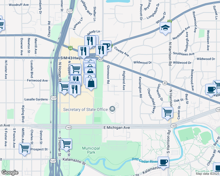 map of restaurants, bars, coffee shops, grocery stores, and more near 441 Glenmoor Road in East Lansing