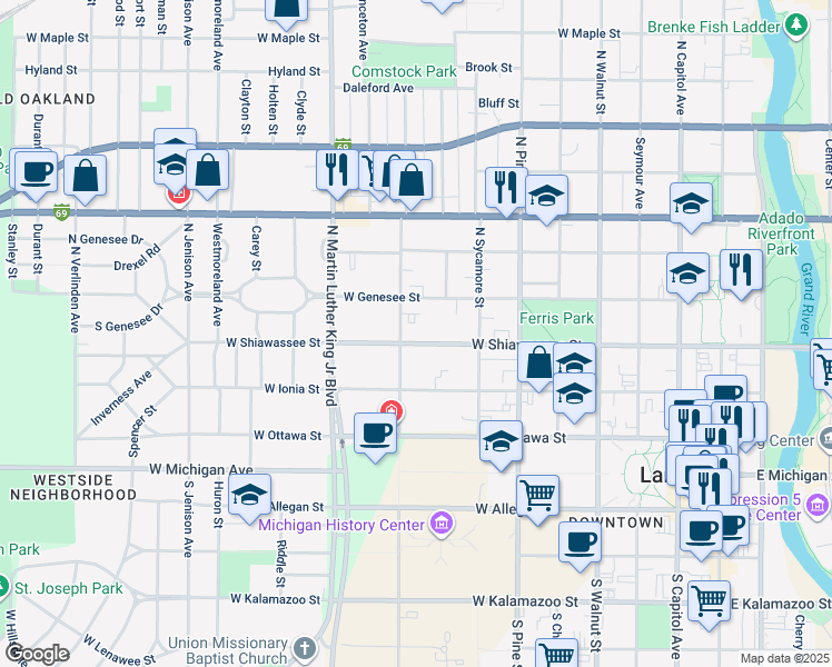 map of restaurants, bars, coffee shops, grocery stores, and more near 835 West Genesee Street in Lansing