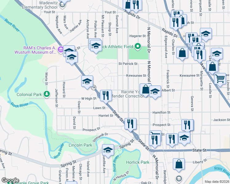map of restaurants, bars, coffee shops, grocery stores, and more near 1914 Albert Street in Racine
