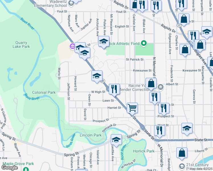 map of restaurants, bars, coffee shops, grocery stores, and more near 2068 Albert Street in Racine