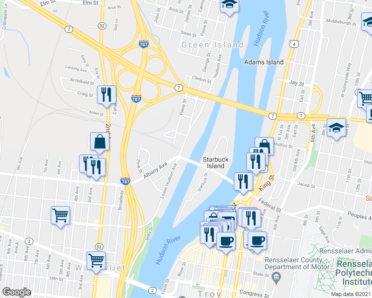 map of restaurants, bars, coffee shops, grocery stores, and more near 4 George Street in Green Island