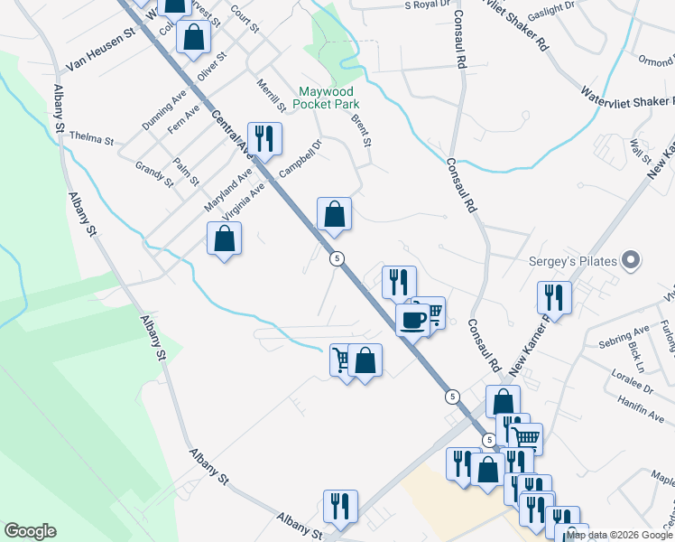 map of restaurants, bars, coffee shops, grocery stores, and more near 1942 Central Avenue in Albany
