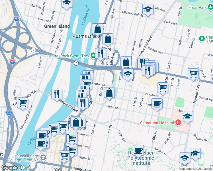 map of restaurants, bars, coffee shops, grocery stores, and more near Hutton Street & Old 6th Avenue in Troy