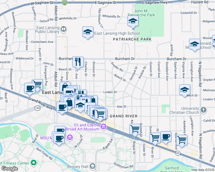 map of restaurants, bars, coffee shops, grocery stores, and more near 439 Collingwood Drive in East Lansing