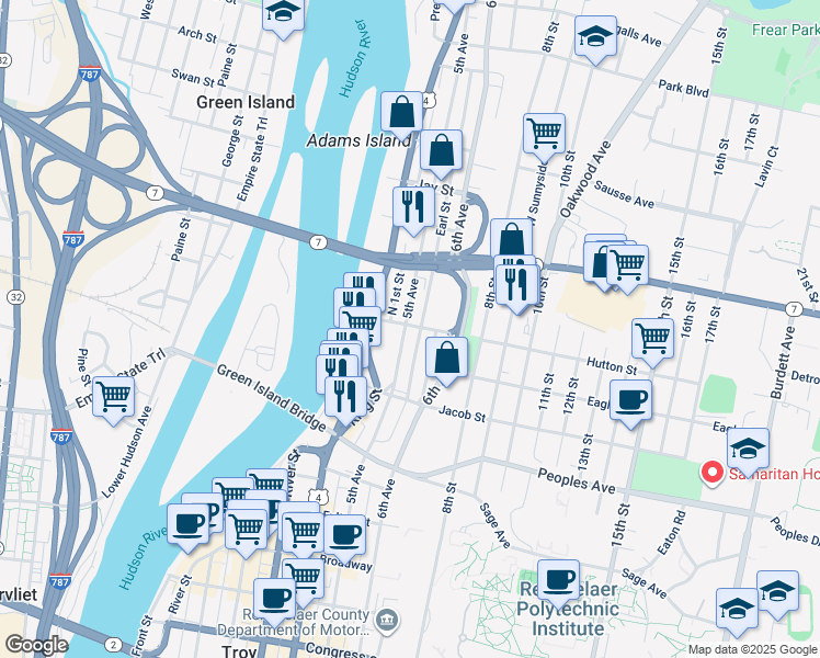 map of restaurants, bars, coffee shops, grocery stores, and more near 2310 5th Avenue in Troy
