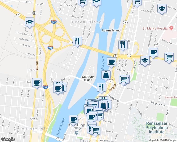 map of restaurants, bars, coffee shops, grocery stores, and more near 182 Riverview Road in Green Island