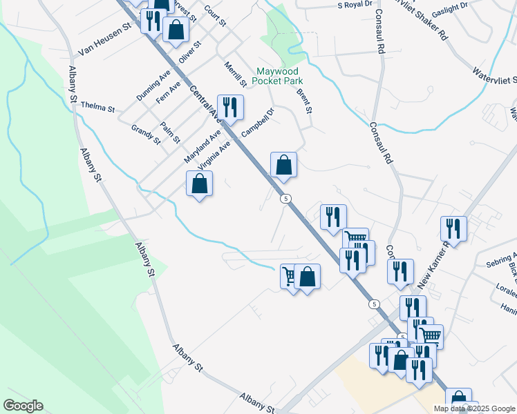map of restaurants, bars, coffee shops, grocery stores, and more near 1950 Central Avenue in Albany