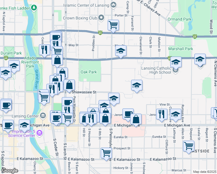map of restaurants, bars, coffee shops, grocery stores, and more near 421 North Pennsylvania Avenue in Lansing