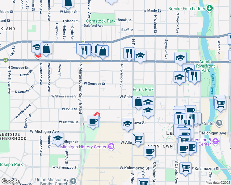map of restaurants, bars, coffee shops, grocery stores, and more near 423 North Sycamore Street in Lansing