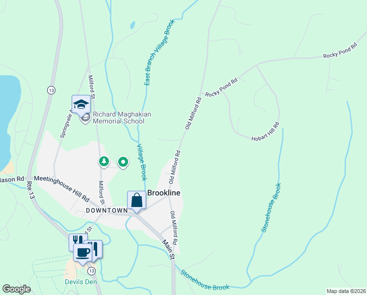 map of restaurants, bars, coffee shops, grocery stores, and more near 25 Old Milford Road in Brookline