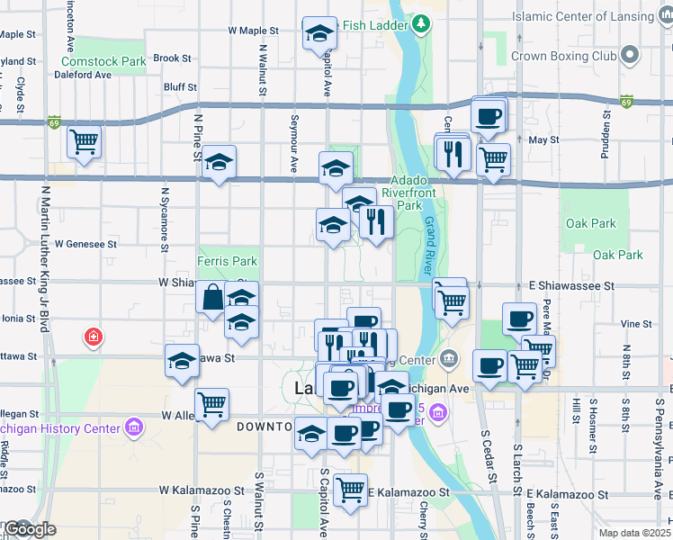 map of restaurants, bars, coffee shops, grocery stores, and more near 400 North Capitol Avenue in Lansing