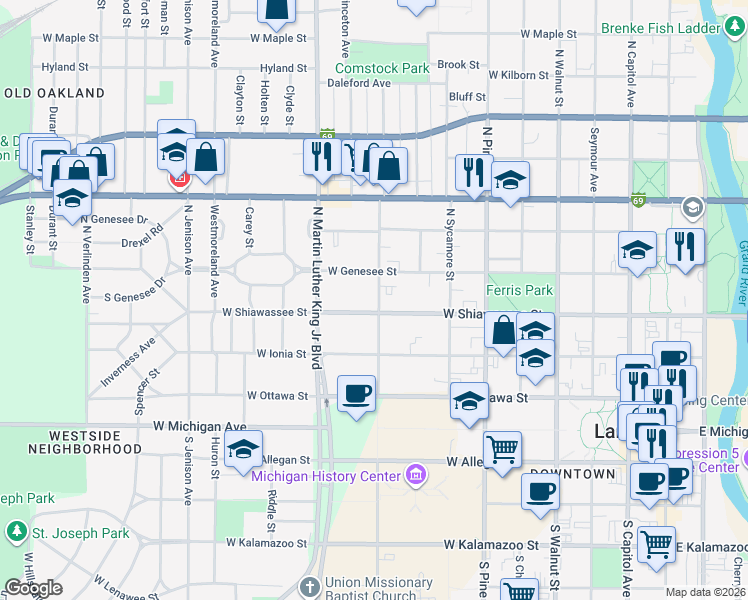 map of restaurants, bars, coffee shops, grocery stores, and more near 407 North Butler Boulevard in Lansing
