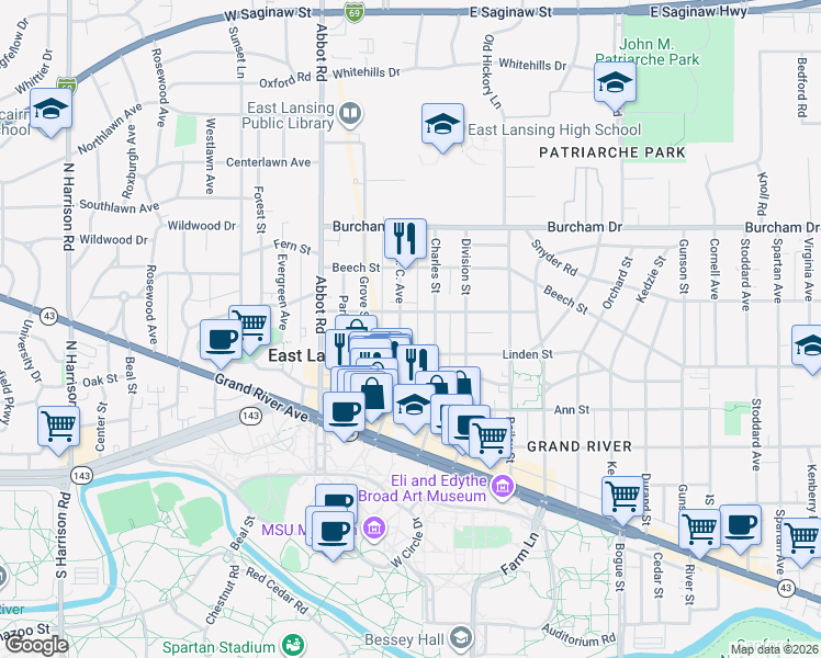 map of restaurants, bars, coffee shops, grocery stores, and more near 430 Mac Avenue in East Lansing