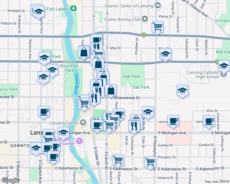 map of restaurants, bars, coffee shops, grocery stores, and more near 617 East Shiawassee Street in Lansing