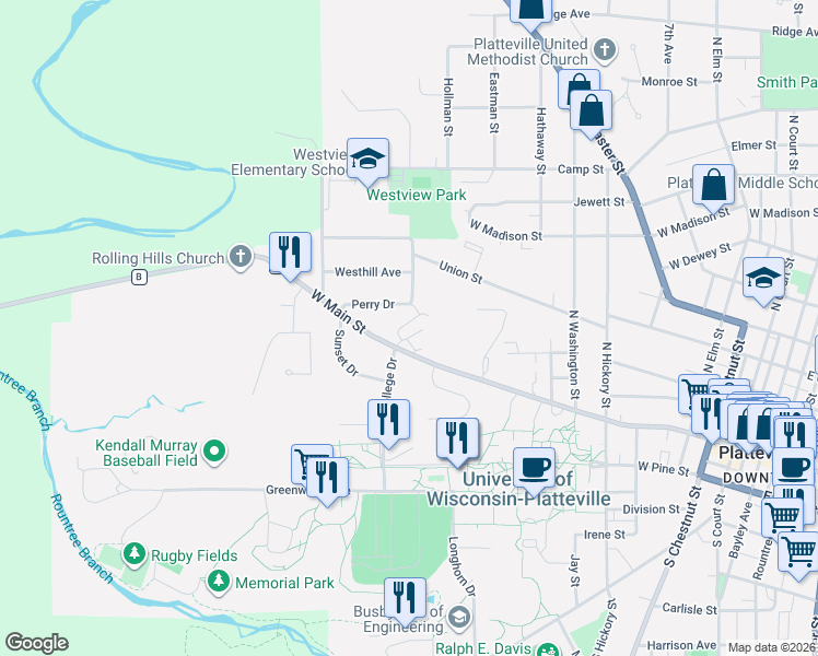 map of restaurants, bars, coffee shops, grocery stores, and more near 342 Waite Lane in Platteville