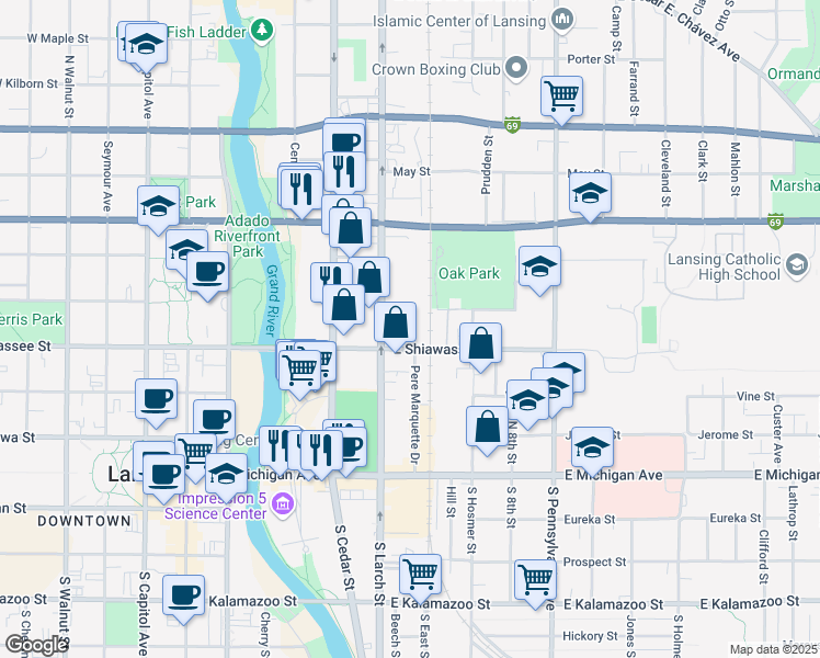 map of restaurants, bars, coffee shops, grocery stores, and more near 617 E Shiawassee St in Lansing