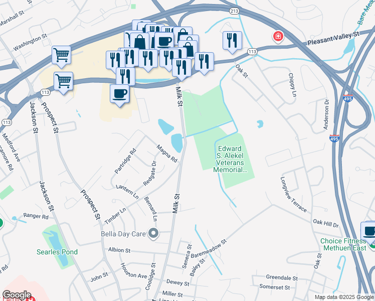 map of restaurants, bars, coffee shops, grocery stores, and more near 117 Milk Street in Methuen