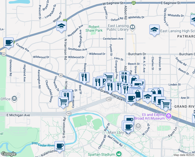 map of restaurants, bars, coffee shops, grocery stores, and more near 351 Oakhill Avenue in East Lansing