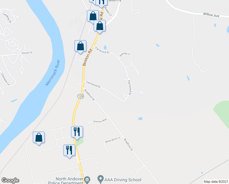 map of restaurants, bars, coffee shops, grocery stores, and more near 33 Farrwood Drive in Haverhill