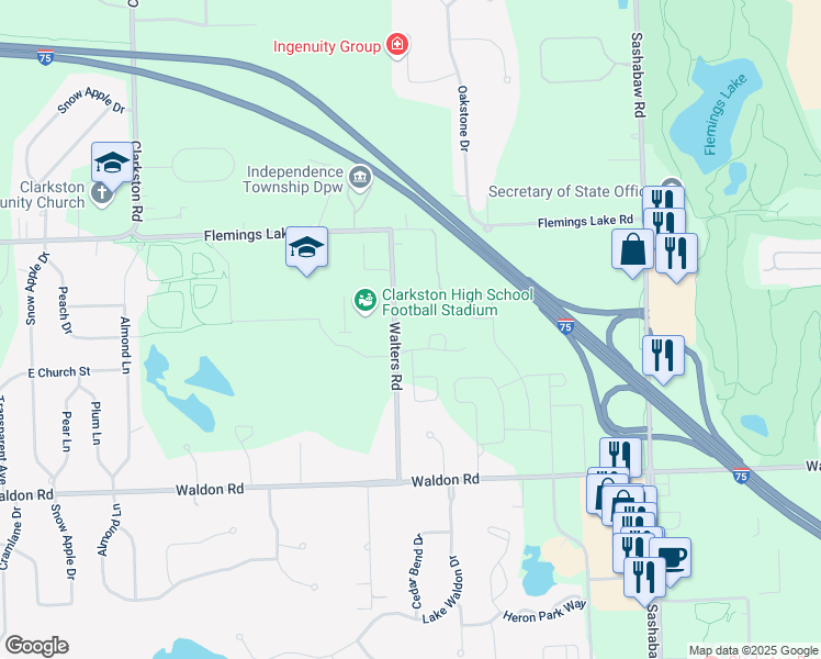 map of restaurants, bars, coffee shops, grocery stores, and more near 6770 Walters Road in Clarkston