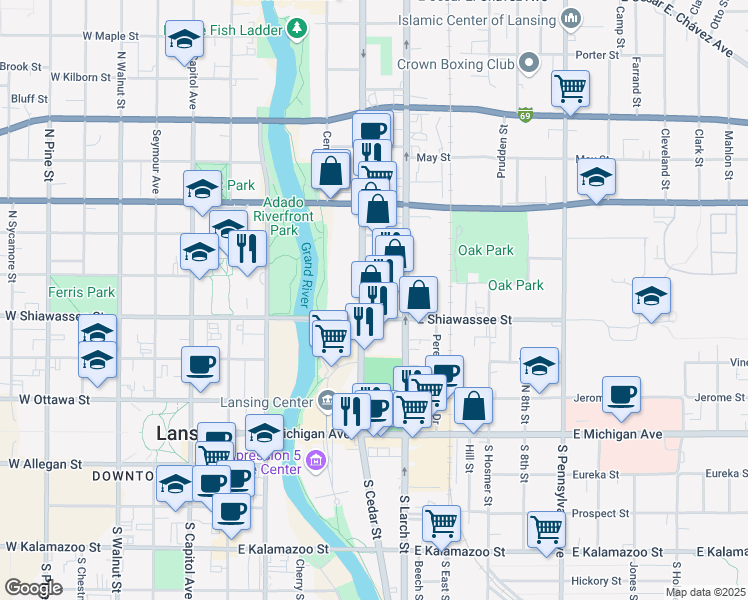 map of restaurants, bars, coffee shops, grocery stores, and more near 432 North Cedar Street in Lansing