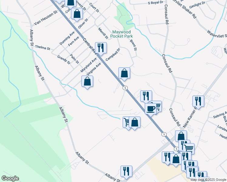 map of restaurants, bars, coffee shops, grocery stores, and more near 1950 Central Avenue in Albany