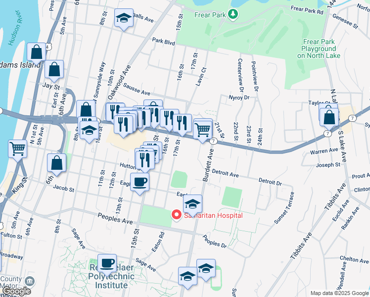 map of restaurants, bars, coffee shops, grocery stores, and more near 2354 17th Street in Troy