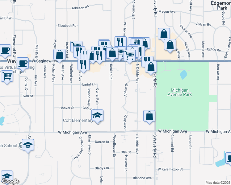 map of restaurants, bars, coffee shops, grocery stores, and more near 420 Renker Road in Lansing
