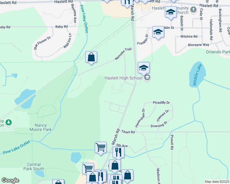 map of restaurants, bars, coffee shops, grocery stores, and more near 1727 Maple Ridge Road in Meridian charter Township