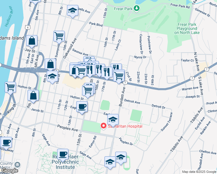 map of restaurants, bars, coffee shops, grocery stores, and more near 2354 17th Street in Troy