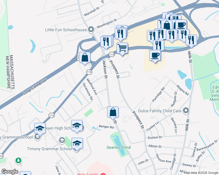 map of restaurants, bars, coffee shops, grocery stores, and more near 669 Jackson Street in Methuen