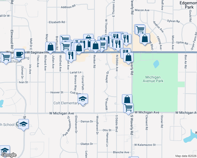 map of restaurants, bars, coffee shops, grocery stores, and more near 420 Renker Road in Lansing