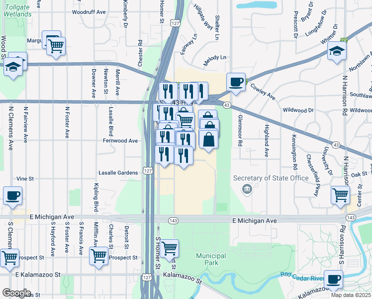 map of restaurants, bars, coffee shops, grocery stores, and more near 310 North Clippert Street in Lansing