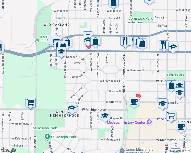 map of restaurants, bars, coffee shops, grocery stores, and more near in Lansing