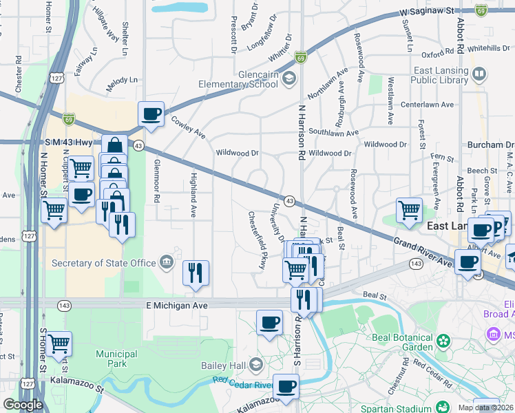 map of restaurants, bars, coffee shops, grocery stores, and more near 938 Huntington Road in East Lansing