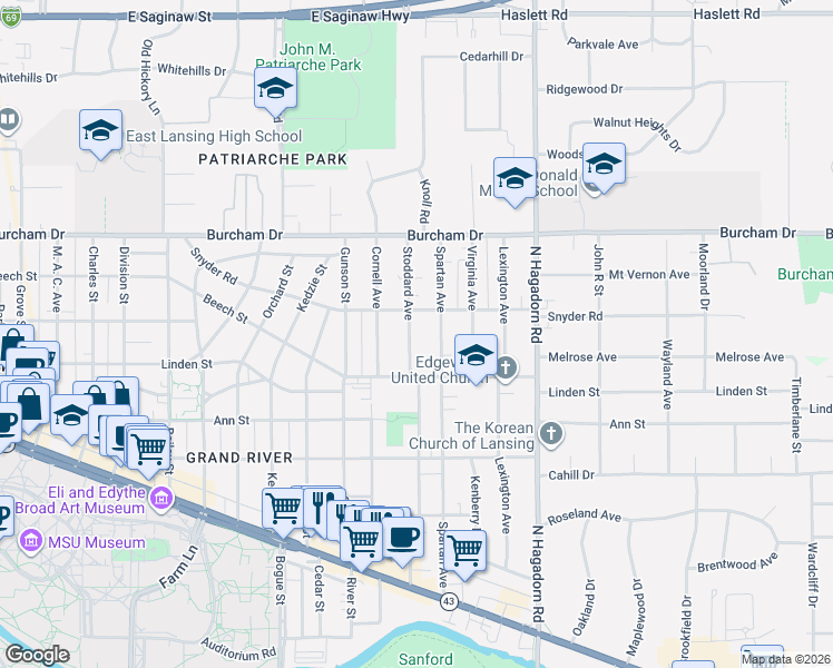 map of restaurants, bars, coffee shops, grocery stores, and more near 569 Spartan Avenue in East Lansing