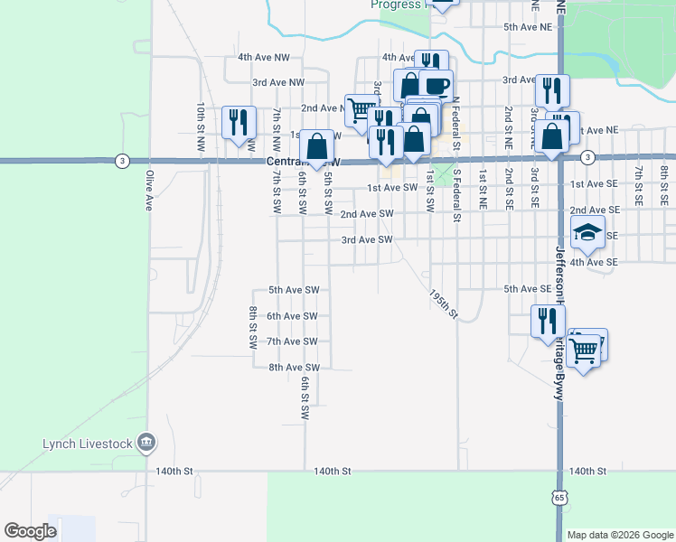 map of restaurants, bars, coffee shops, grocery stores, and more near 404 5th Street Southwest in Hampton