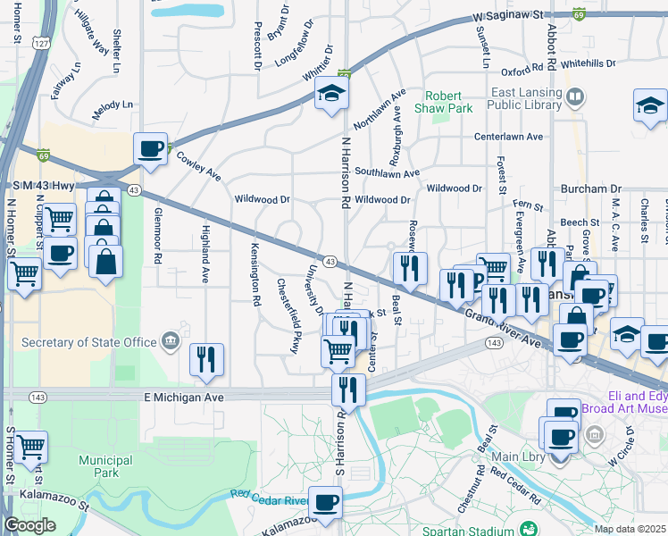 map of restaurants, bars, coffee shops, grocery stores, and more near 819 Grand River Avenue in East Lansing
