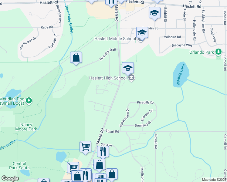 map of restaurants, bars, coffee shops, grocery stores, and more near 5400 Maple Ridge Road in Meridian charter Township