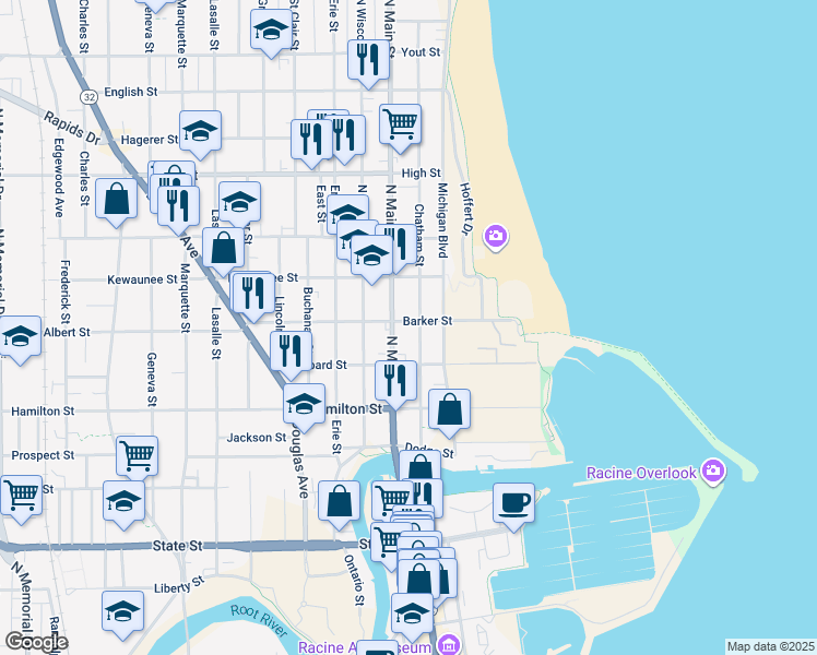 map of restaurants, bars, coffee shops, grocery stores, and more near 1335 North Main Street in Racine
