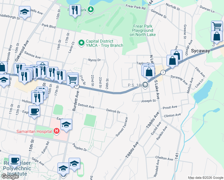 map of restaurants, bars, coffee shops, grocery stores, and more near 1 25th Street in Troy
